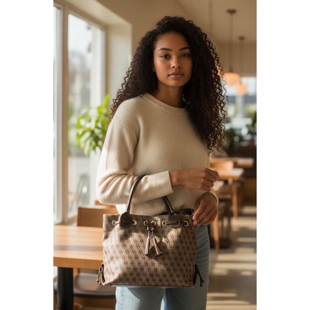 Dooney & Bourke Signature Monogram Tote Bag Brown Canvas Leather Trim Drawstring